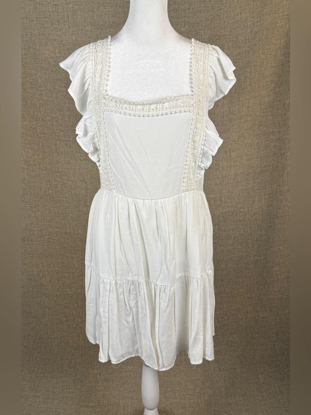 Forever 21 White Mini Dress w/ Lace Detail and Flutter Sleeves